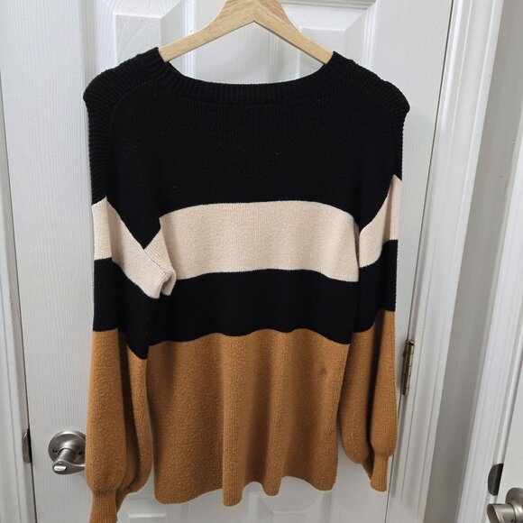 Dress Forum Sweater Womens Small Black Tan Colorblock Stripes Minimalist Casual - Picture 2 of 8